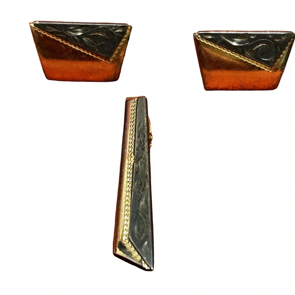 Vintage Mid Century Etched Anson Tie Bar and Cuff Link Set